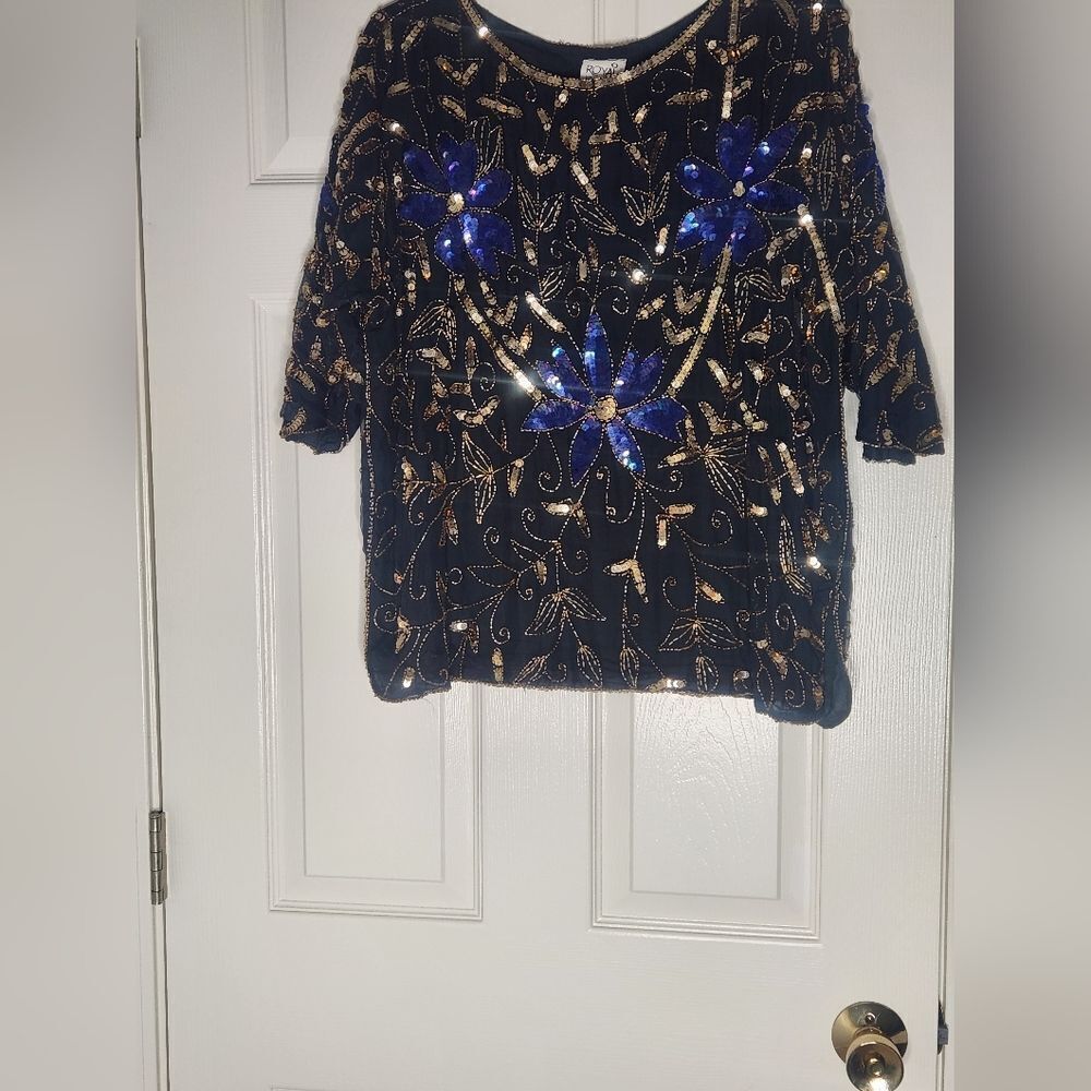 Vtg Royal XL Black 100% PURE SILK 3/4 Slvb Gold Blue Accents Beaded Women's Top
